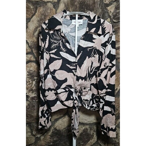 Panama Jack Womens Black Linen Blend Hawaiian Floral Print Blouse Size Medium - Picture 1 of 7